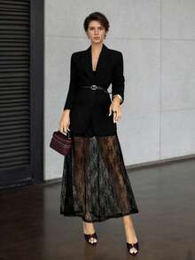 1 Set Women's Solid Color Button Blazer & Lace Skirt Suit Set, Casual Autumn/Winter