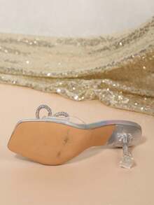 Women's Clear Chunky Heeled Sandals Slip-On Open Toe Sandals With Rhinestone Bow Detail For Dress&Party