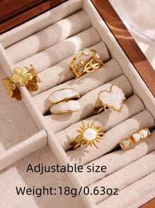 6pcs/Set Fashionable, Elegant, Unique, Exquisite, Luxury, Versatile, Charming Heart, Sun, Moon, Sunflower, Geometric Asymmetrical Glitter Drip Oil Rings Set, Suitable For Daily Wear, Festivals, Parties, Business Formal Events