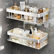 1pc/2pcs Wall Mounted Shower Rack, Large Capacity, Aluminum Alloy, No Drilling Required For Installation, Stick-On Bathroom Shower Rack, Floating Shelf For Bathroom And Kitchen, Storage Rack, Space Saving, Easy To Install, For Storing Toiletries, Cosmetics And Sundries, Toilet, Bathroom, Dressing Table, Shower Room Bathroom Accessories Bathroom Tools