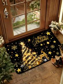 1pc 40x60cm / 50x80cm / 40x120cm Christmas Decorative Doormat, Black & Gold Christmas Tree Pattern With Golden Reindeer, Snowflake & Star Elements, Suitable For Christmas & Winter Home Decor, Entryway, Balcony, Holiday Decoration