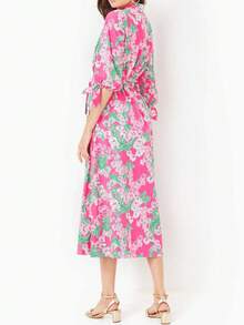 1pcs Women's Pink Floral Print Three-Quarter Sleeve Long Shirt Dress With Button Placket Closure, Lapel, Sleeve Tabs And Belt, Suitable For Any Occasion, Machine Washable, Women's Spring Summer Clothing - 粉色 - 查看 3