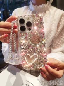 Luxury Fashion Rhinestone Pink Metal Glitter & Faux Pearl Heart Shockproof Phone Case Compatible With IPhone 16 Pro Max, 15 Plus, Galaxy S Series