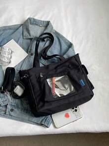 Túi xách đeo vai 2 trong 1 đa năng, thời trang cổ điển, màu trơn, thiết kế viền trong suốt, dung tích lớn, kiểu dáng sinh viên, túi vải canvas thường ngày cho nữ, túi du lịch, phù hợp cho trường học và du lịch. - màu đen - Xem 6