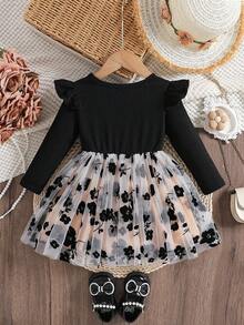 Sukienka dla dziewczynek na wiosnę i jesień, z okrągłym dekoltem, długim rękawem, spódnicą z siateczki i falbanką, wygodna, elegancka i urocza, odpowiednia do codziennego noszenia przez dziewczynki - Czarne - Zobacz 2