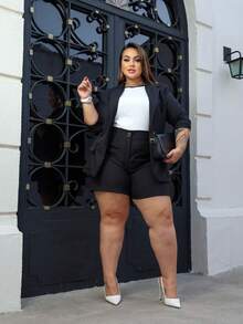 Max Blazer + Short Set Plus Size Tailoring Women's Simple Pocket Button Office - 黑色 - 查看 6