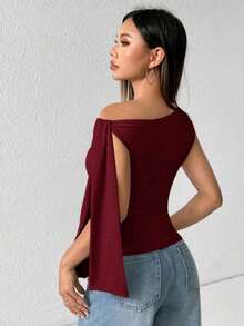 Elegant Suplex T-Shirt Top With Asymmetrical Shoulders And Straps, Ideal For Daily Use, Outings, Nightclubs, Parties, Halloween Costumes - 酒紅色 - 查看 5