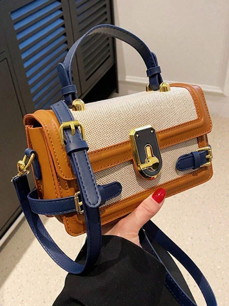 Retro Women's Crossbody Bag - Vintage Spliced Messenger Purse With Square Metal Buckle - 藏蓝色 - 查看 1