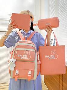 4件组合包 时尚简约可爱大容量多口袋实用耐用双肩包套装女生日常上班休闲度假郊游单肩包背包文具包手提包小学生初中生高中生大学生开学必备带挂坠背包 - 西瓜粉 - 查看 3