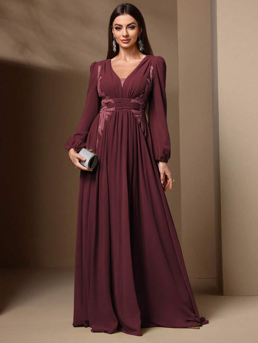 Vestido feminino com decote em V, manga comprida, cintura justa, verão - Borgonha - Ver 1