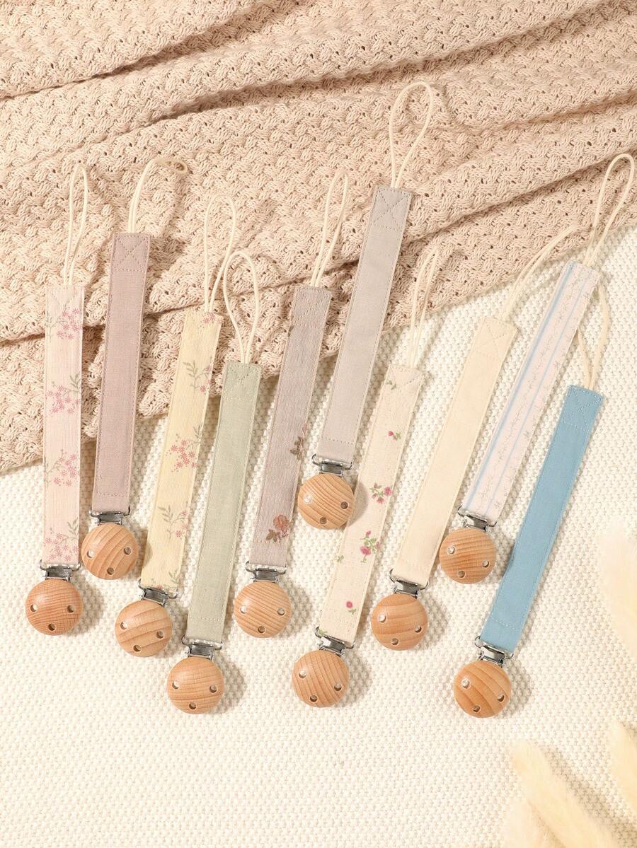 1pc Pacifier Chain With Printed Floral & Geometric Pattern, Fashion Baby Pacifier Clip Holder, Wooden 3-Hole Pacifier Clip, Suitable For Baby Boys And Girls, Daily Use Gift - Multicolor - View 1