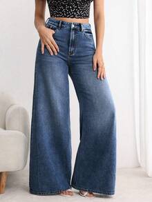 Pantalones Palazzo de Mezclilla de Cintura Alta para Mujer: Vaqueros Anchos para Estilos Casuales y Elegantes Bolsillos delanteros de botones femeninos ocio relajado retro lavado pantalones de piernas anchas para cubrir la carne delgada pantalones de campana nuevos y de moda,pantalon de mezclilla dama,san valentín ropa,pantalones de mujer,Azul oscuro retro - Azul - Ver 2