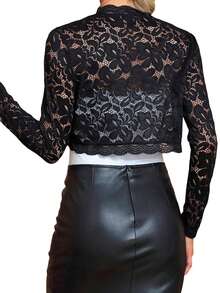 Women's Lace Shrugs Long Sleeve Bolero Sheer Floral Top Cardigan Open Front Mesh Cardigan Crop Tops Sheer Cover Up - 黑色 - 查看 8