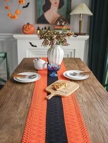 1 pièce Chemin de table tissé pour Halloween, nappe à rayures orange avec franges ajourés, convient pour Halloween, festivals quotidiens, rassemblements, fêtes, décoration de la maison, fond pour la photographie - Multicolore - Voir 9