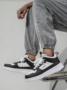 Men's Retro Colorblock High-Top Leather Patchwork Sneakers, Minimalist Thick Sole Versatile Commuter Casual Shoes - White and Black - View 8