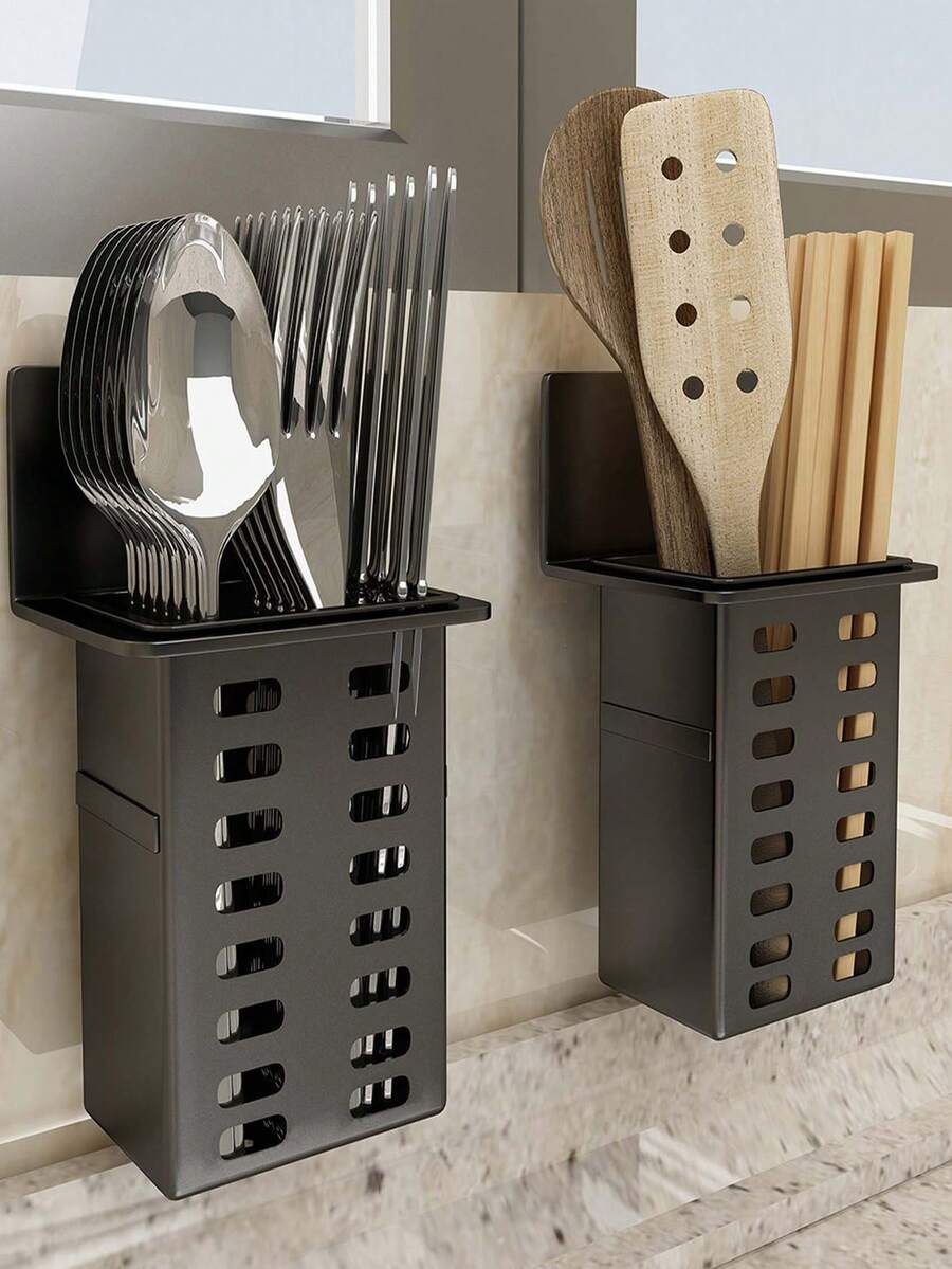 1pc/2PCS/3PCS Black And White Resin Non-Perforated Wall-Mounted Storage Rack, Plastic Drain Organizer, Suitable For Kitchen , Home Organizing Hanging Rack, Halloween, Christmas, Back-To-School Season, Saudi National Day, Daily Gifts, Good Home Accessories