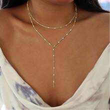 1 件精致 14k 镀金多层链条吊坠项链，女士 Y 形多层项链，简约百搭个性化链条项链，套索金项链，女士珠宝礼物 - 疊戴Y形鏈條分層項鍊 - 查看 4