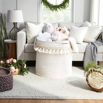 1 件波西米亚风格大容量布艺收纳篮 - 精美编织流苏饰边、多功能衣物和床上用品收纳篮、客厅、卧室、婴儿房装饰、简约家居、手工编织、优雅流苏细节、简约生活、书架收纳篮。