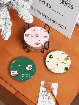 Set de 6 posavasos de madera navideños con soporte de metal, elegantes posavasos de madera de alta calidad con diseños de Papá Noel, reno, hombre de jengibre, muñeco de nieve y árbol de Navidad, adecuados para decoración del hogar, mesa de café de la sala de estar, merienda, cafetería, restaurante, regalo