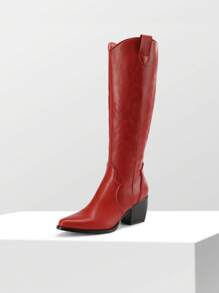 Western Embroidered Knee High Boots For Women, Pull On Zipper Chunky Heel Comfortable Pointed Toe  Wide Calf Cowgirl Cowboy Boots