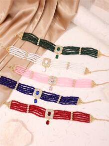 1pc Moroccan Style Gemstone Necklace With Square Button Design, Adjustable Length Ladies Wedding Neck Chain - Neck Chain - View 13