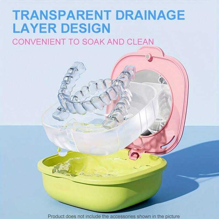 Vibrant Dopamine Oral Retainer Case With Mirror & Drainage Basket - Portable Compact Storage Box, Multi-Functional Travel-Friendly Denture & Teeth Sleeve Organizer In 4 Colors (Yellow, Blue, Purple, Pink), Oral Accessories, Retainer Cleaner, Stylish Accessory, Transparent Lid Design - Multicolor - View 4