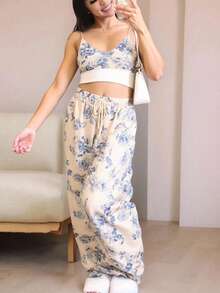 2 pzs Conjunto de mujer: Top corto con hombros descubiertos y manga larga & Pantalones acampanados, unicolor - Azul y blanco - Ver 5