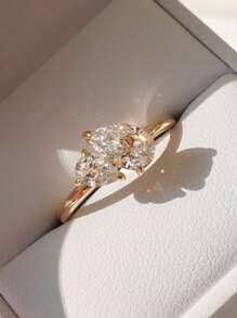 925 Sterling Silver Double Water Drop Design Women's Ring With Shiny Zirconia Stone, Quality Jewelry For Women's Engagement/Proposal - Yellow Gold - View 6