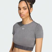 Adidas Originals Women's RIB TEE WASH Short Sleeve T-Shirt, Knitted Collarless Short TJW3573 - Grey - View 2