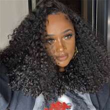 Kinky Curly 3 In 1 Half Wig Drawstring Band Wear Go Wig Invisible Hairline Human Hair Wigs Glueless Put On And Go Beginner Friendly Deep Wave Wigs Human Hair Drawstring Headband Wig For Women - Natural Black - Xem 7