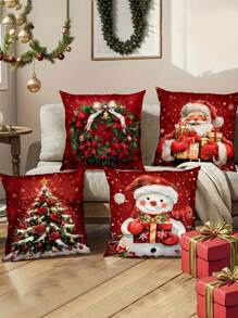 4 件圣诞雪人、圣诞老人、圣诞树、花环装饰枕套，45 * 45 厘米，适合室内和室外派对、客厅和卧室沙发的圣诞装饰，（无枕芯）