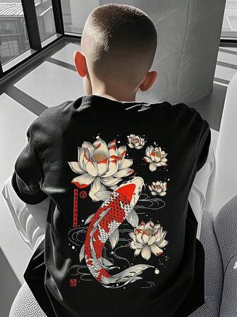 1pc Boys' Casual Minimalist Carp Print Crew Neck Long Sleeve T-Shirt, Autumn Student Youth Clothing