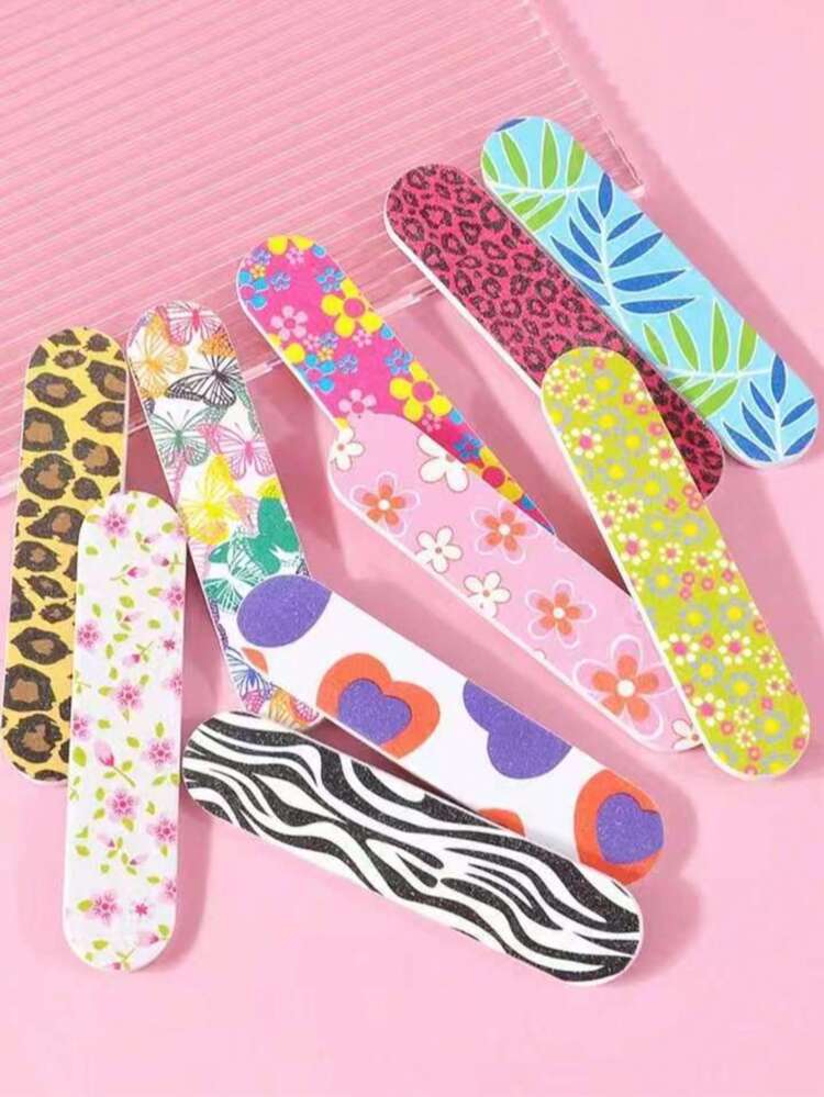 100 件随机迷你彩色图案指甲锉，双面可水洗海绵指甲抛光器，女士可爱美甲工具，派对礼品，婚礼生日装饰，圣诞节情人节礼物 - 彩色 - 查看 10