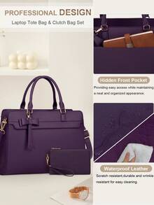 NUBILY 15.6 Inch Leather Laptop Tote Bag For Women - Waterproof Business Briefcase & Satchel Purse 2-Piece Set | Large Capacity Computer Work Bag For Office Professionals - 紫色 - 查看 6