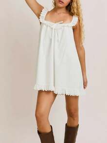 Women's Y2k Summer Mini Dress Sleeveless Square Neck Tie Bow Front Solid Color Dress Spaghetti Strap Open Back Short Dress Going Out Dress Club Streetwear Beach Party Aesthetic Clothes - 白色 - 查看 3