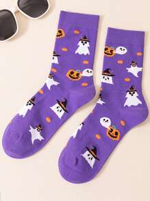 1 Pair Men's Socks, Cartoon Bat & Pumpkin Pattern, Versatile Couple Style Mid-Calf Socks, Moisture-Wicking & Breathable, Suitable For Halloween And Other Festivals, Fall Socks