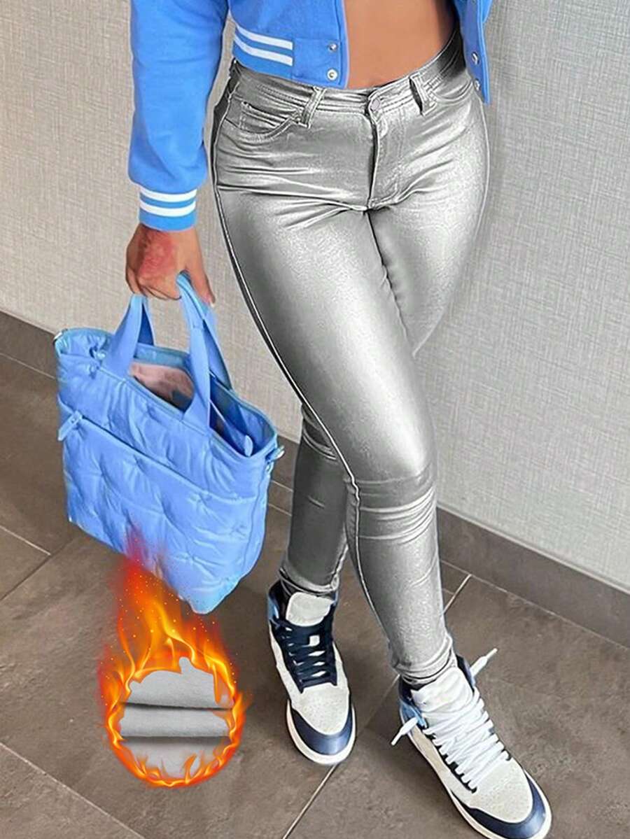 Yuwenier Rave High Waist Elastic Multi-Pocket Warm PU Leather Slim Fit 7/8 Pants, Casual & Comfortable Tapered Trousers - Silver - View 1