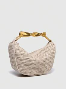 1个女士草编手提包，新款夏季包包，托特包，单肩斜挎包，适合休闲、度假、购物等场合，草编包 - 白色 - 查看 5