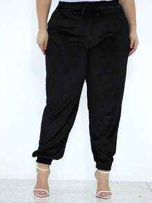 Women's Plus Size Plain Velvet Jogger Pants Comfortable Elastic - 黑色 - 查看 1