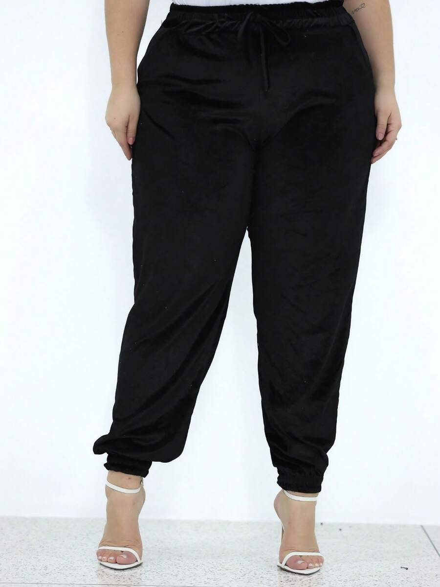 Women's Plus Size Plain Velvet Jogger Pants Comfortable Elastic - 黑色 - 查看 1