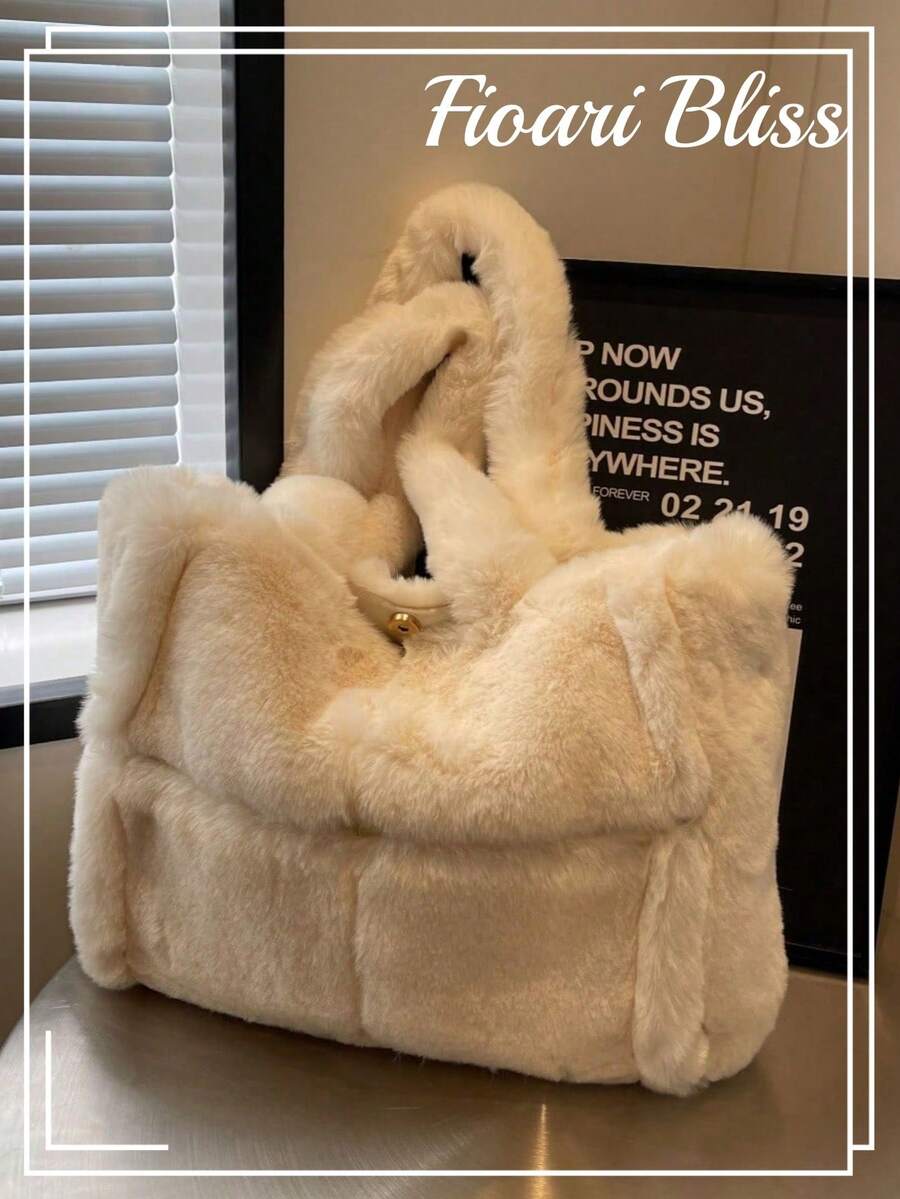 Large Capacity Plush Handbag For Women, 2025 New Autumn/Winter Versatile Furry Tote Bag, Shoulder Bag For Commuting - White - View 1