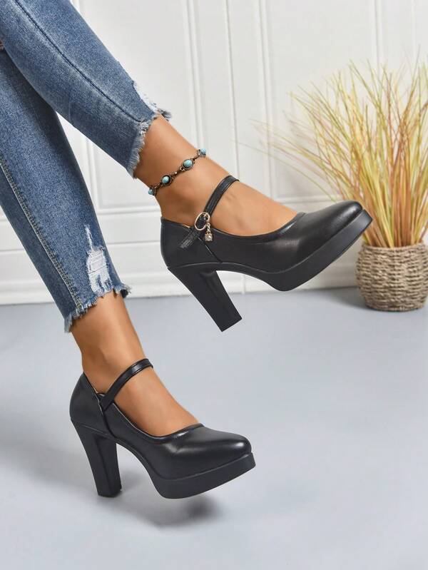 Elegant Women's Black Thick Sole Mary Jane Shoes, Leather Round Toe Buckle Strap High Heel Shoes, Suitable For Daily Wear And Parties, Retro Style Women's Low Vamp Shoes, And Versatile