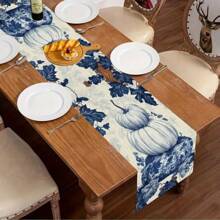1pc,Table Runner, Thanksgiving Blue And White Porcelain Pumpkin Pattern Printed Linen Table Flag, Home Decor, Suitable For Dining Tables, Universal Seasonal Decoration, Modern Style Washable Table Flag, Heat-Resistant, Stain Resistant, Room Decoration, Table Mat, Kitchen Table Mat, Party Decoration, Home Decoration, Ideal Thanksgiving Gift