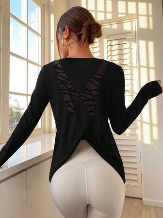 Geometric Mesh Patchwork Tulip Print Back Sports T-Shirt