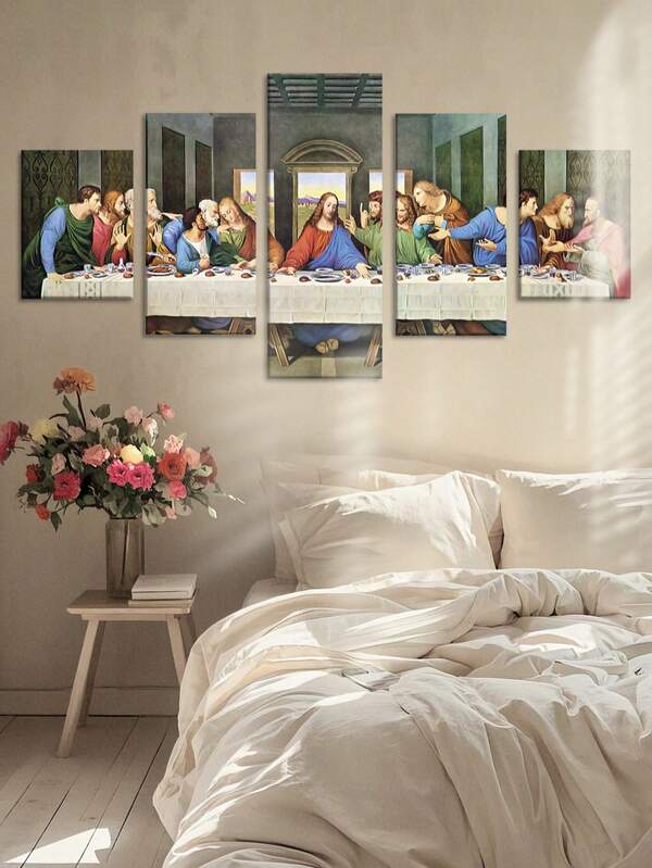 1/5pcs Vintage Jesus Christ "The Last Supper" Canvas Art Prints, Religious Wall Art With Frame For Bedroom, Living Room, Office,Framed,Horizontal Layout, Rich Colors On Canvas, Indoor Use, Classroom Decor | Spiritual Wall Decor | Versatile Placement Art, Inspirational Wall Decor