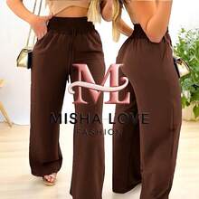 Women's High Waist Wide Leg Pants With Pocket - 鏽棕色 - 查看 2