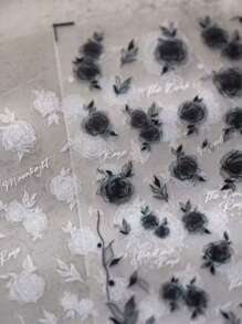 1黑玫瑰日系5d 3D薄透夜黑白玫瑰指甲贴复古半透血红玫瑰指甲贴DIY指甲贴自带背胶黑白玫瑰花朵指甲贴。