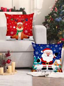 45*45cm Cute Cartoon Christmas Reindeer, Santa Claus, Snowman Pattern Decorative Pillow Cover, Christmas Decoration For Indoor And Outdoor Party, Living Room, Bedroom, Sofa (No Pillow Insert) - Multicolor - View 7