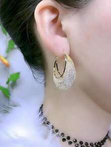 Luxurious Mesh Crystal Hoop Earrings For Women, Fashionable Ear Clip Circle Shaped Earrings With Design Sense - 金色 - 查看 5