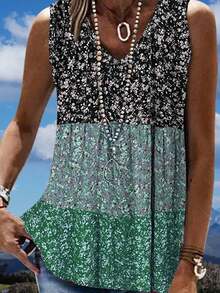 Summer New Color Block Splicing Small Floral Print Fashionable Casual Vacation Style Women's Vest - màu xanh lá - Xem 2